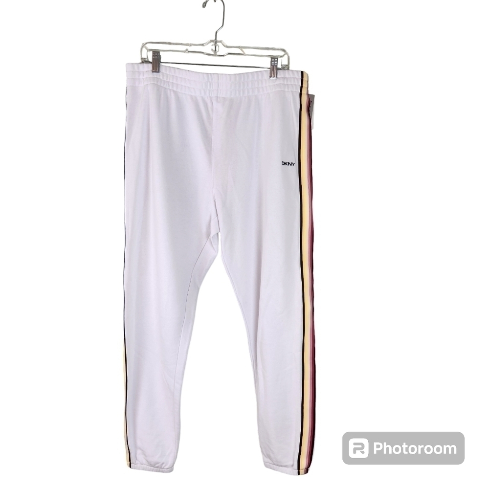 NWT DKNY Womens Joggers Sweatpants, rainbow striped sides, sz Large